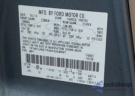 2010 Ford Escape Limited z USA, uszkodzony, nr VIN 1FMCU9E75AKD04597